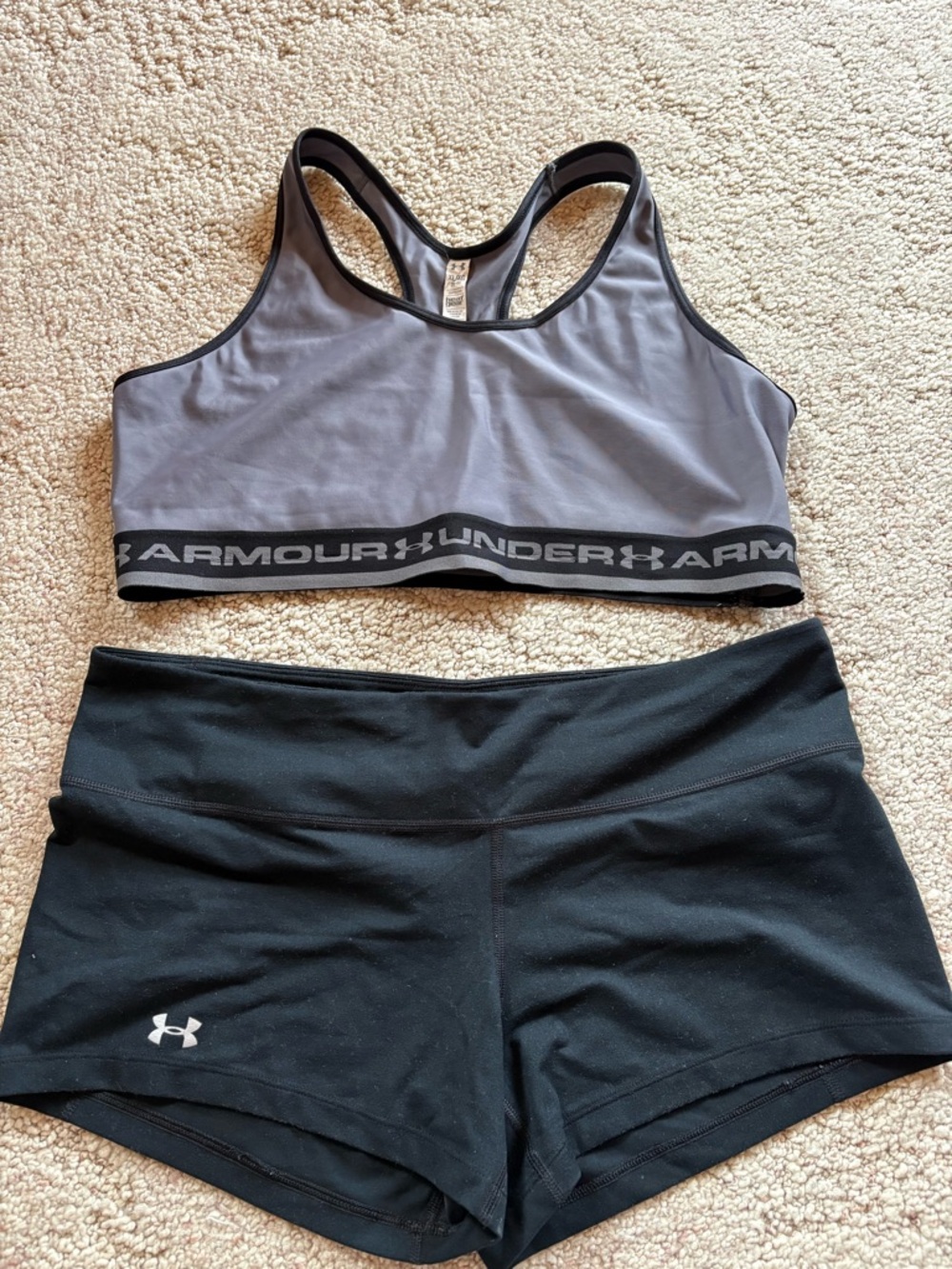 Under Armour Gray and Black Racerback Sports Bra with Black Performance Shorts